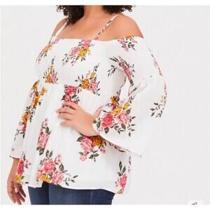 Torrid Challis Cold Shoulder Top Bell Sleeves White with Bright Floral Plus 5X